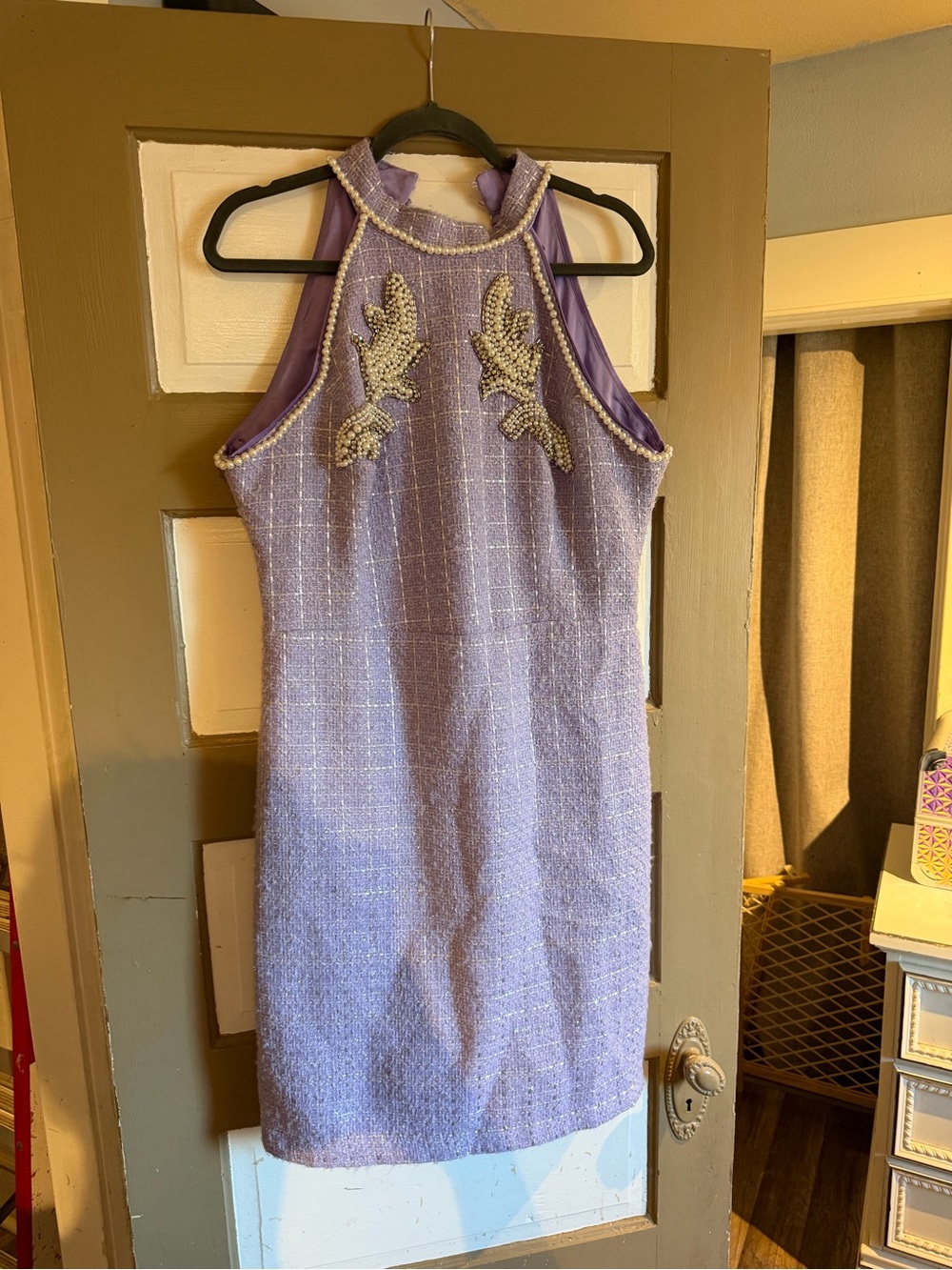Boston Proper Lavender Pearl-Embellished Halter Mini Dress